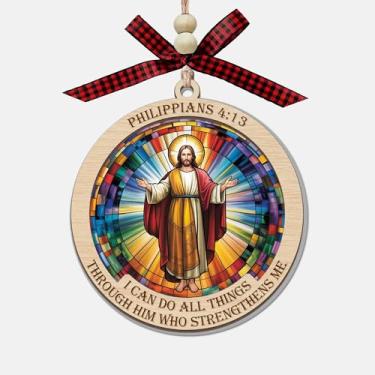 Imagem de Enfeite de Natal de madeira de Filipenses 4:13, 2 camadas de madeira e acrílico, decoração de apanhador solar de Jesus Cristão Religioso, Versículo da Bíblia