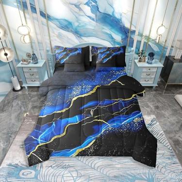 Imagem de Erosebridal Jogo de cama casal de mármore preto azul e preto para mulheres e adultos, conjunto de lençóis de arte abstrata para cama em uma bolsa metálica brilhante galáxia fluida estética para quarto