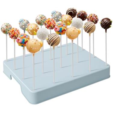 Imagem de Daofvor Suporte de bolo de 20 furos com grande espaçamento e altura mais alta, suporte de pirulito atualizado fácil de usar e suporte de pop de bolo com 100 palitos, 100 sacos e 100 laços, expositor