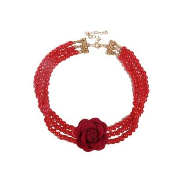 Imagem de Colar gargantilha feminina com contas de pérola de flor rosa - veludo camélia floral imitação de pérolas em camadas ajustáveis colar de corrente moda moda casamento baile festa jóias Natal, Adjustable