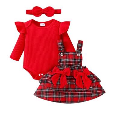 Imagem de Roupa coordenada FOCUTEBB Romper, saia xadrez, faixa de cabeça 3-6M