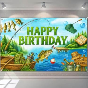 Imagem de HOMETITUTE Faixa vintage feliz aniversário tema de pesca floresta verde rio vara de peixe caixa de equipamentos estilo natureza feriado evento decoração aniversário festa interior exterior fundo 71x43