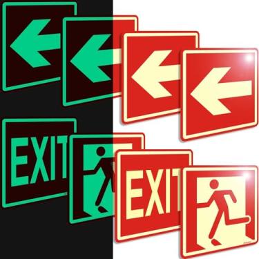 Imagem de Ashoaza Adesivos de sinal de saída de emergência que brilham no escuro, placa de homem correndo com adesivos de luz de seta direcional, 15 x 15 cm, 8 peças vermelhas