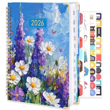 Imagem de Agenda 2026, agenda semanal e mensal, janeiro de 2026 a dezembro de 2026, agenda A5 (16,5 cm x 21,6 cm) com abas, bolso interno para material de escritório escolar em casa, flor roxa