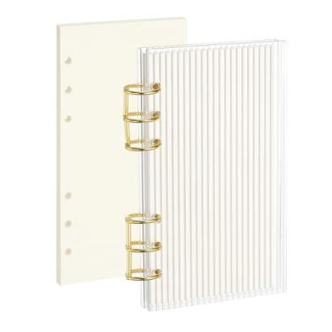 Imagem de PATIKIL Capa para fichário de 6 anéis, fichário de acrílico com tiras A6, 2 anéis redondos de metal dourado com 90 folhas, papéis internos em branco para planejador de viagem e escritório