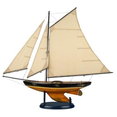 Imagem de SAILINGSTORY Decoração de veleiro de madeira Bermuda Sloop Modelo Navio Preto Natural
