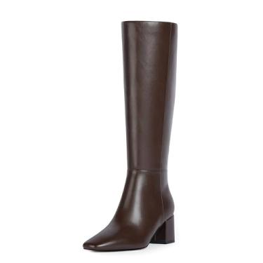 Imagem de VIUGJNEX Botas de cano alto femininas salto grosso bico quadrado botas altas para mulheres salto médio longo botas de outono com zíper lateral, Chocolate, 39