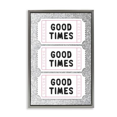 Imagem de Stupell Industries Good Times Glam Tickets arte de parede em tela flutuante cinza emoldurada, design por Lettered and Lined, 78 x 53 cm
