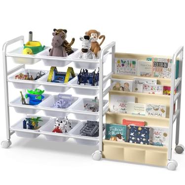 Imagem de WGOHOSE Rack modular de armazenamento de metal com 12 caixas de plástico e alça para livros de tecido – Organizador de brinquedos infantis e estante sobre rodas para sala de jogos, berçário ou sala de