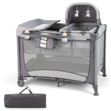 Imagem de Berço Cercado Portátil 4 em 1 com Trocador Removível, Cesta de Fraldas e Bolsa de Transporte, HONEY JOY, Cinza Escuro