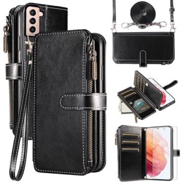 Imagem de Asuwish Capa de celular para Samsung Galaxy S21 5G 6,2 polegadas com protetor de tela de vidro temperado e cordão com zíper carteira porta-cartão suporte suporte acessórios de celular S 21 21S G5