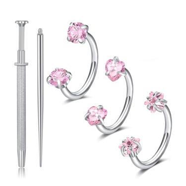 Imagem de Longita Anel de nariz em ferradura para mulheres, anel de nariz de sapato de cavalo com pedra dupla, 18 g, aço cirúrgico, prata, cartilagem, hélice, tragus, brincos, argolas, coração, labret, piercing