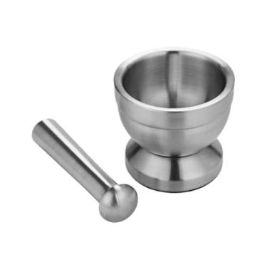 Imagem de Tigela Moedora Moedor de alho de aço inoxidável duplo, argamassa de metal, sal e pilão, tigela, prensa de alho, moedor de especiarias, ervas e pimenta Moedor Triturador