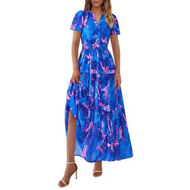 Imagem de Vestido maxi feminino PRETTYGARDEN, boho, floral, azul, XXL
