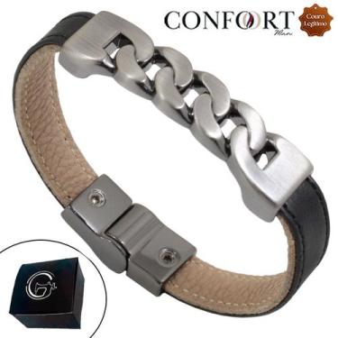 Imagem de Pulseira de Couro Masculina Magnética Elos Corrente - GRANADO ACESSÓRI