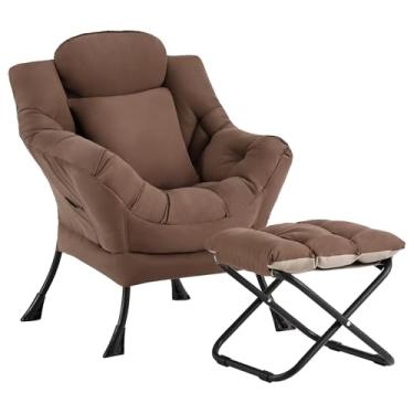 Imagem de YOTATING Cadeira preguiçosa com otomano, cadeira de sofá de lazer com acento moderno com apoio para os pés e travesseiro, espreguiçadeira moderna com apoios de braços para sala de estar, marrom escuro