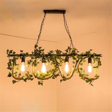 Imagem de OUFULA Luminária pendente estilo pastoral americano para casa e hotel Caixa Balcão Bar Café Música Restaurante Planta Decoração Retro Criatividade Corda de cânhamo Lustre (E 4 luzes)