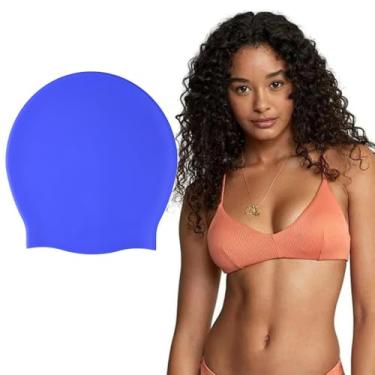 Imagem de 1 touca de natação de silicone para trança de cabelo longo masculino feminino impermeável touca de natação proteção de orelha chapéu de mergulho tamanho grande (azul)