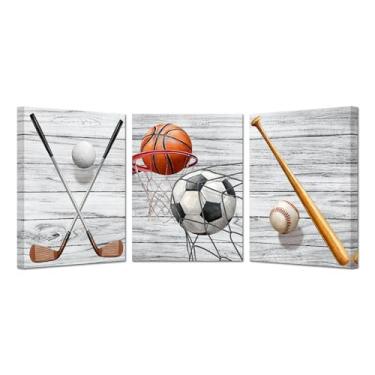 Imagem de Impressão em tela de golfe beisebol basquete futebol 3 painéis arte de parede esportes menino decoração de quarto 30 x 40 cm