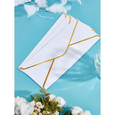 Imagem de 16 envelopes de negócios com borda dourada, envelopes de papel branco retangulares autovedantes, suprimentos padrão para escritório, cheques, cartas, correspondências, convites de festa de casamento