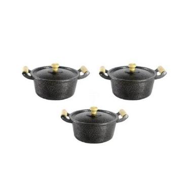 Imagem de Jogo Panelas Caçarolas Reta Craqueada Alça Madeira 24 a 28cm