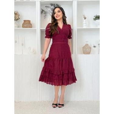 Imagem de Vestido Midi Lese Bordado Festa Madrinha com Manga Curta Sofisticado -