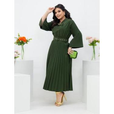 Imagem de Vestido Midi Plissado Manga Flare Gola com Amarração Evangélico Social