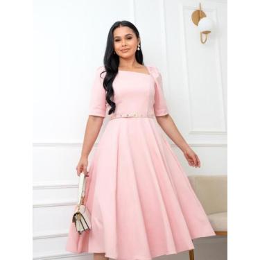 Imagem de Vestido Midi Social Elegante Decote Quadrado Assimétrico de Festa Conv