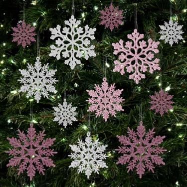 Imagem de 36 peças de enfeites de floco de neve de Natal rosa e prata, flocos de neve pendurados com glitter de plástico para decoração de árvore de Natal, país das maravilhas de inverno, festa de aniversário
