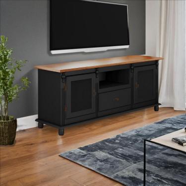 Imagem de Rack Para Tv Com 2 Portas Gaveta E Nicho Pés Torneados - Preto Laca Com Tampo Imbuia Glazer