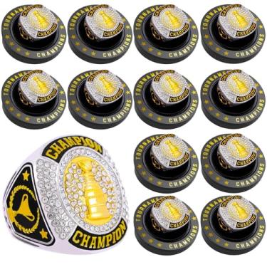 Imagem de daijbling 12 peças anel de campeonato de hóquei anel de hóquei bola esportiva troféu presente de prêmio com corrente de pescoço de exibição e suporte para campeão de torneio ou campeão da liga (12