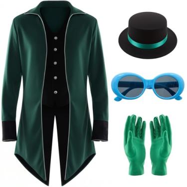Imagem de Hillban Conjunto masculino Steampunk de smoking vampiro, gótico, vintage, fantasia de Halloween, cosplay, chapéu, óculos de sol, luvas, Verde/preto, M