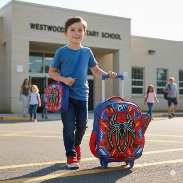 Imagem de Kit Mochila De Rodinha Infantil Menino Escolar Super Herois 3d - Ponto