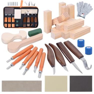 Imagem de Ninonly Kit de 32 ferramentas de entalhe em madeira, conjunto de facas de corte de madeira para iniciantes, conjunto de facas de entalhe com 12 blocos de tília, kit de marcenaria, hobbies DIY para