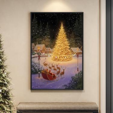 Imagem de Arte de parede em tela de árvore de Natal dourada emoldurada, grande trenó de Papai Noel e renas de inverno com imagens impressas, decoração de férias para sala de estar, sala de jantar, quarto