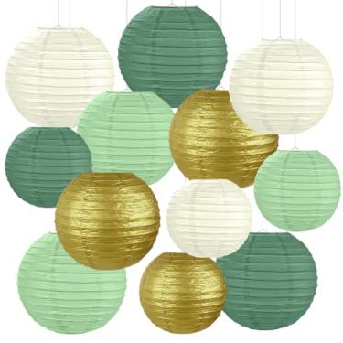 Imagem de AUAUY 12 peças de lanternas de papel verde sálvia, lanternas de papel redondas penduradas para festas, cortinas decorativas chinesas/japonesas para decoração de casa, festas, casamentos, aniversário