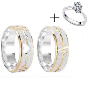 Imagem de Par Aliança Prata Namoro Coração Vazado Ouro + solitário - Jewelery