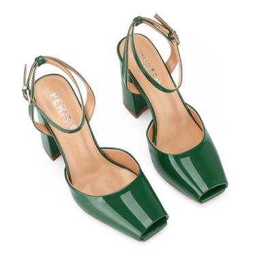 Imagem de Perisis Sandálias femininas de salto alto com salto grosso, marrom, bico quadrado, aberto, tira no tornozelo, bordô, salto elegante, para mulheres, sexy, fofa, confortável, verão, Verde, 44