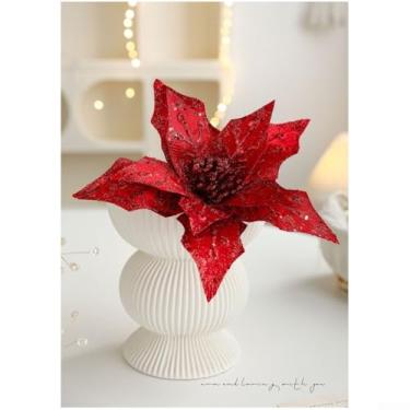 Imagem de Decorações de guirlanda de Natal em tecido com design floral com glitter para centros de mesa de férias e pendurar na parede, guirlanda vermelha dourada prata de 29 cm
