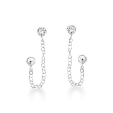 Imagem de Brinco Duplo Com Corrente Ponto De Luz E Bolinha Prata 925