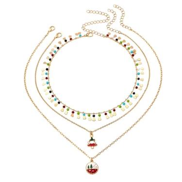 Imagem de NewZenro Colar feminino com pingente de árvore de Natal com pingente de floco de neve em camadas com franjas douradas delicadas para festas, feriados, joias modernas, ajustáveis, Medium, Metal, Sem