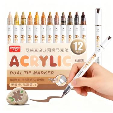 Imagem de kander Marcadores de tinta acrílica de ponta dupla de 12 cores, cor marrom Adobe — Conjunto de canetas de pincel extrafino e macio com fluxo direto de tinta para esboçar, detalhar, colorir em madeira