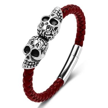 Imagem de VA JENT Pulseira masculina de couro crânio, pulseira de couro genuíno de aço inoxidável 316L para homens - Pulseira de presente para marido e filho, 20cm/7.87inches, Couro, Sem Pedra Preciosa