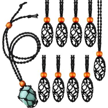 Imagem de Conjunto de 10 suportes ajustáveis de colar de macramê para pedras naturais, corda de malha retrô preta, estilo pingente de cristal
