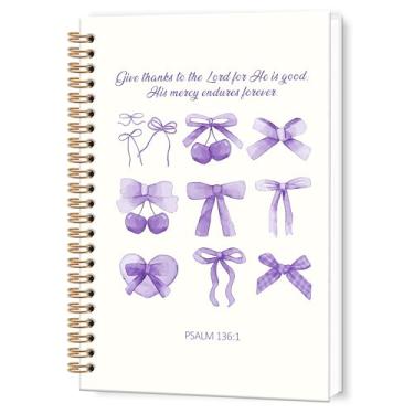 Imagem de TWRVI Caderno espiral cristão de cereja com laço roxo Coquette, caderno com versículo bíblico 136:1 para material escolar da igreja, cadernos de oração religiosa, cadernos de diário de escrituras 14 x