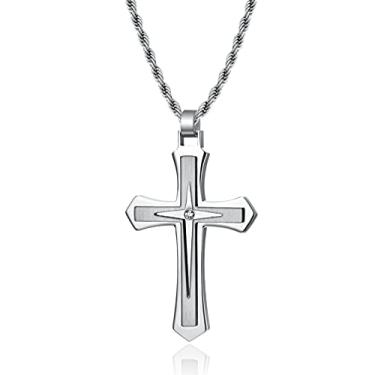 Imagem de REchoLI Colar de cruz para homens, aço inoxidável com detalhes de cristal cruz preto/prata pingente religioso joia cristã 60 cm/23,6 polegadas, Aço inoxidável, Sem Pedra Preciosa
