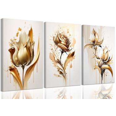 Imagem de 3 peças de arte de parede em tela de flor rosa dourada decoração de parede moderna elegante planta pôster impresso para sala de estar quarto banheiro escritório arte decoração de casa