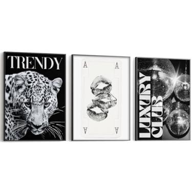Imagem de Arte de parede de leopardo preto e branco na moda decoração de tela de guepardo estética de parede pôsteres de luxo bola de discoteca impressões de lábio beijo de pôquer arte para meninas dormitório