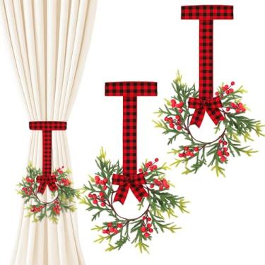 Imagem de Solsew 2 peças de mini guirlanda de Natal de 10 cm com frutas vermelhas e fita xadrez vermelha preta para cortina de Natal para decoração de casa e janela interna de Natal