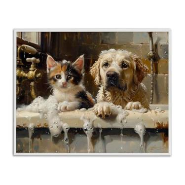 Imagem de Stupell Industries Arte giclée emoldurada cinza Cat & Dog Bath Buddies, design de Shawna Stewart, 40 x 50 cm